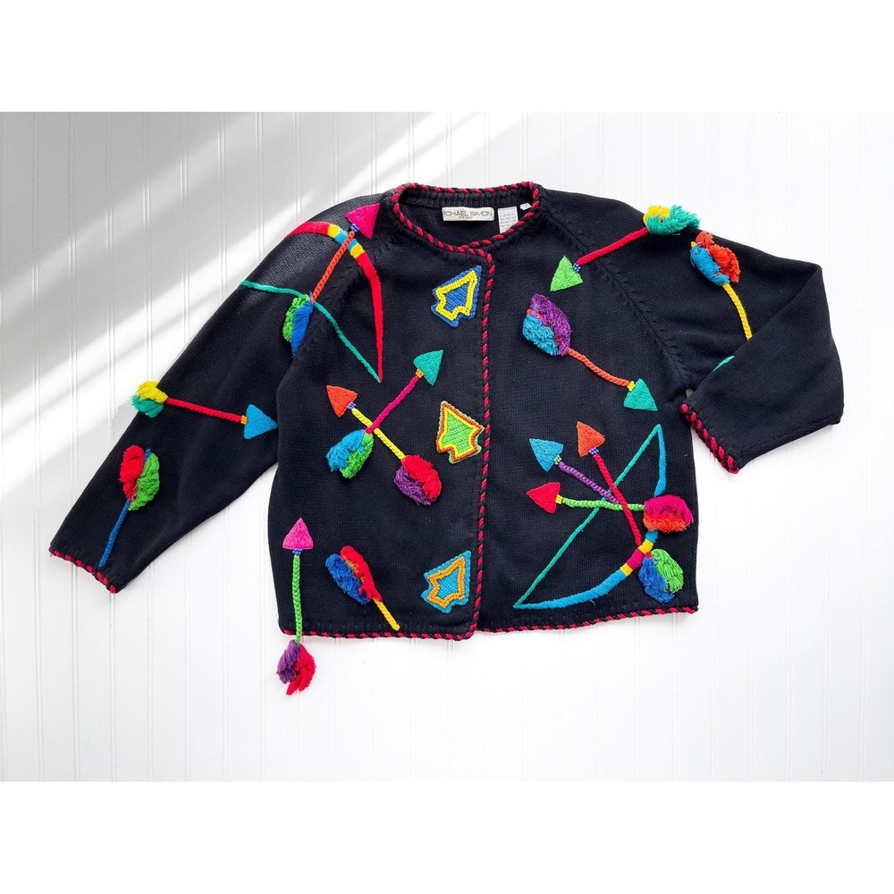 vtg Michael Simon bows and arrows embroidered black cardigan sweater‎